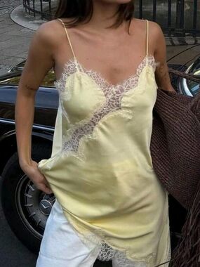 SHEIN Women’s Lace-Trim Satin Slip Dress - Yellow
